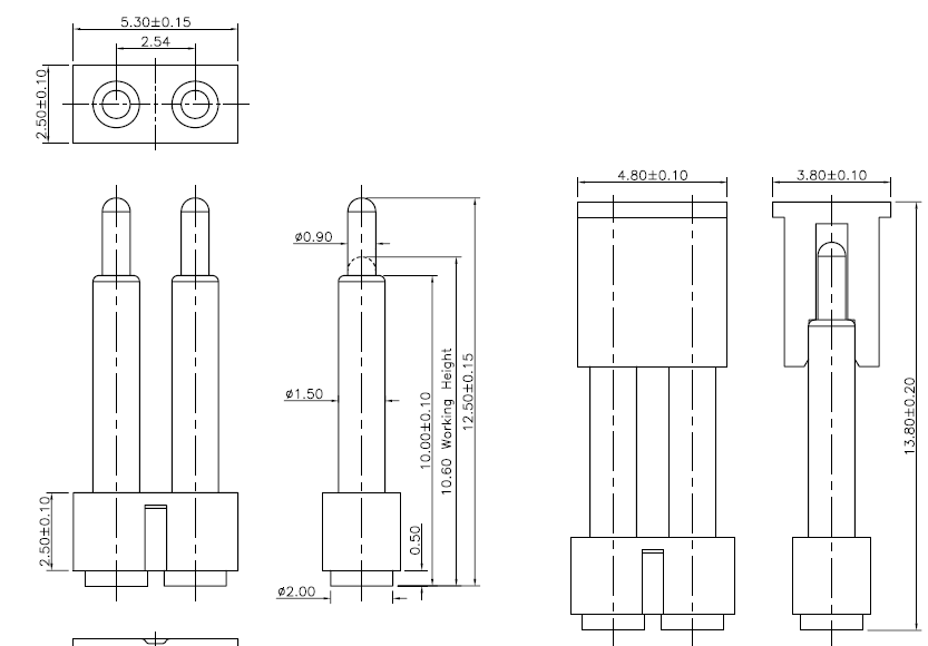 2.54mm pitch 2Pin DIP Spring Pogo Pin Connector